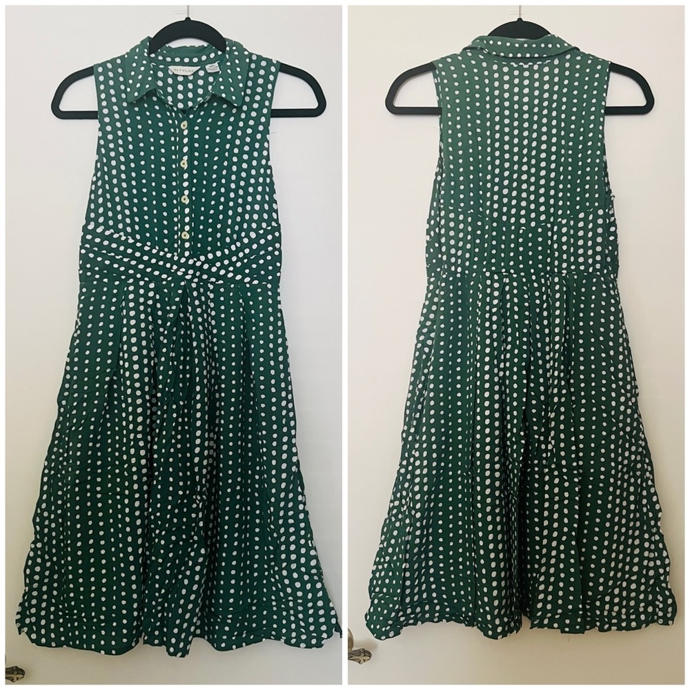 Anthropologie 11.1 Tylho Sleeveless Green Polka Dots Shirt Dress - Picture 3 of 9